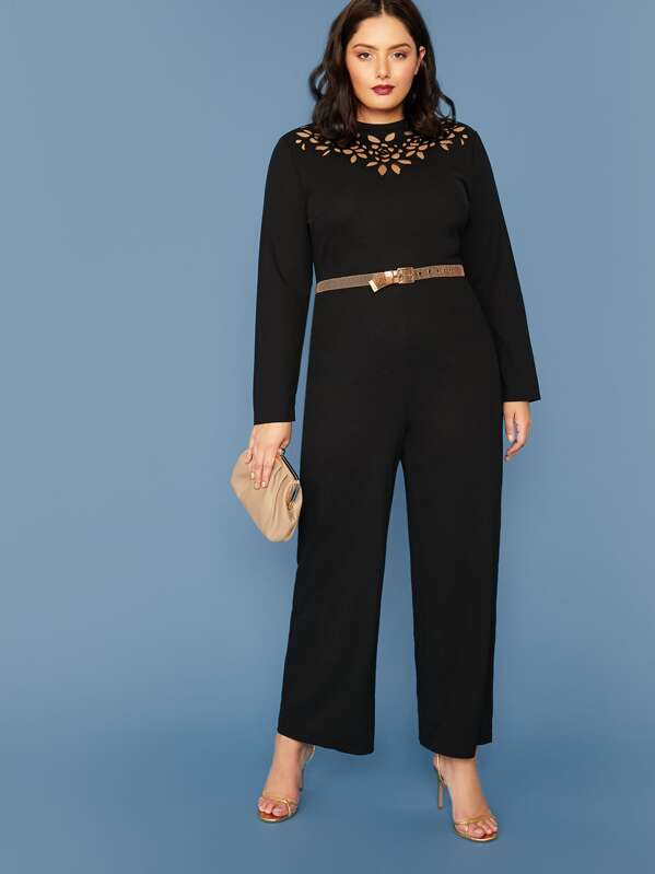 

Plus Laser Cut Detail Palazzo Jumpsuit Without Belt, Black, Marcelle Pallais