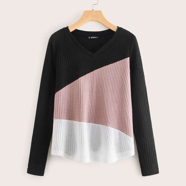 

V-neck Colorblock Waffle Knit Tee, Multicolor