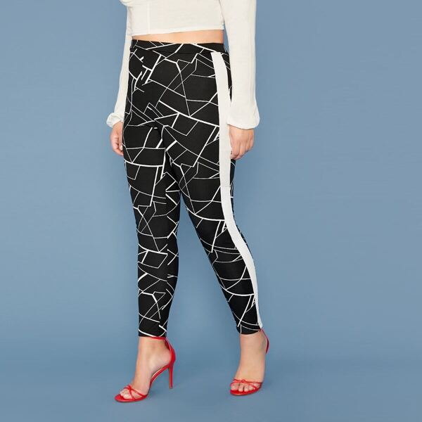 

Plus Striped Side Geo Print Leggings, Black