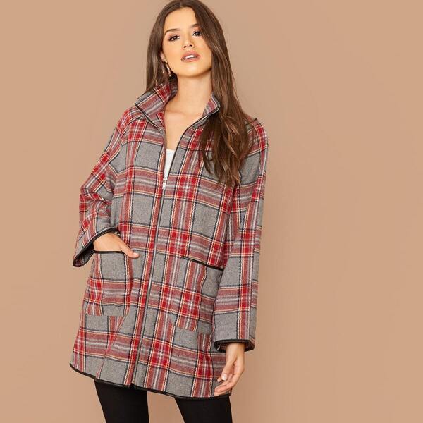 

Zipper Front Patch Pocket Plaid Coat, Grey