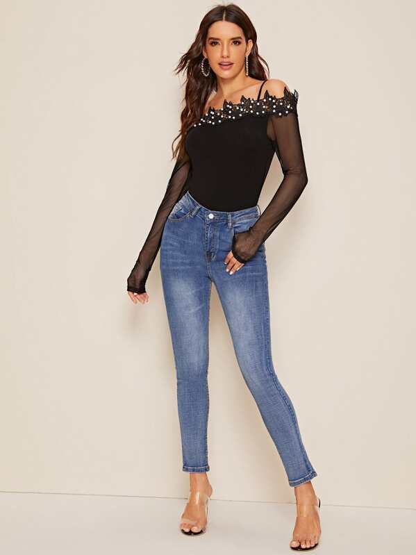 

Cold Shoulder Sheer Sleeve Guipure Lace Pearls Beaded Top, Black, Juliana