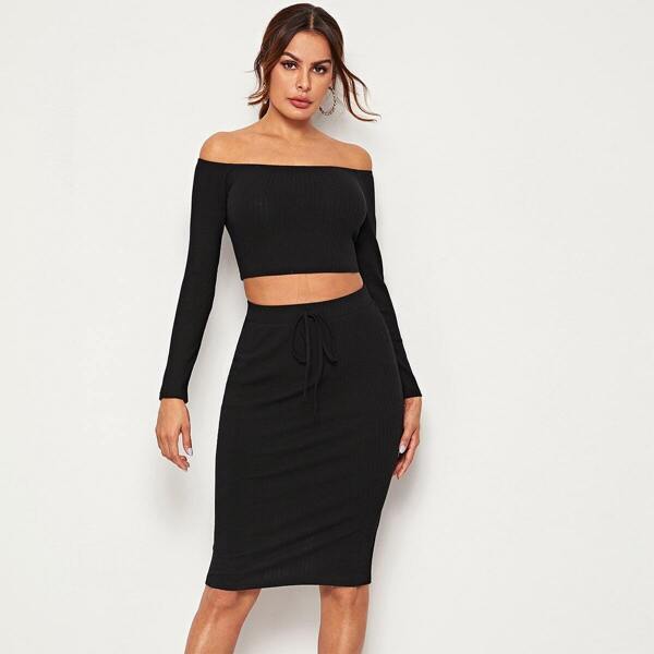

Off Shoulder Rib-knit Top & Slit Hem Skirt Set, Black
