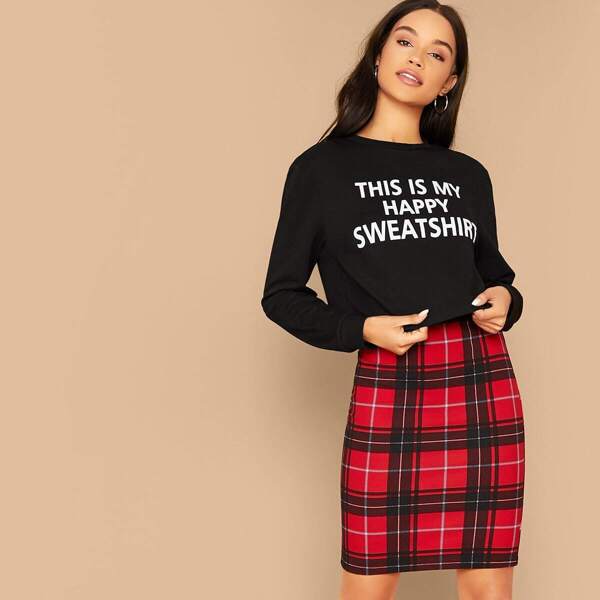 

Slogan Print Pullover & Split Tartan Skirt Set