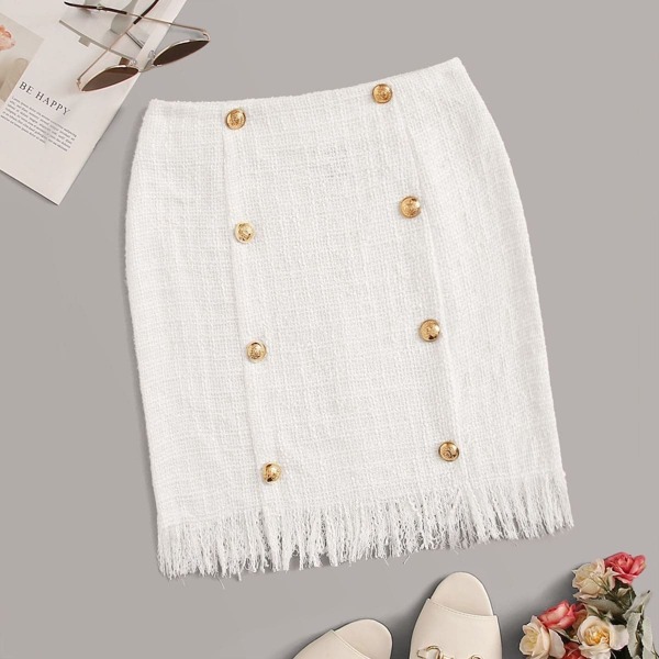 

Frayed Edge Double Breasted Front Tweed Skirt