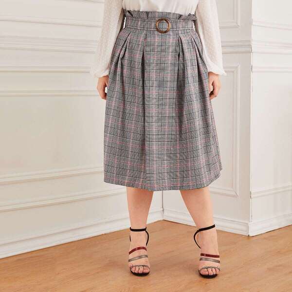 

Plus Paperbag Waist Belted Plaid Skirt, Grey