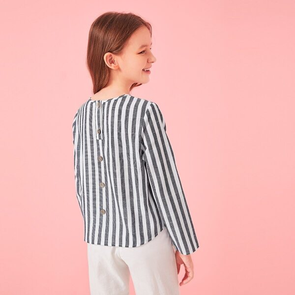 

Girls Pocket Front Button Back Striped Top, Black and white