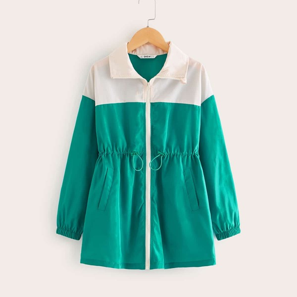 

Girls Contrast Panel Drawstring Windbreaker Jacket, Green bright