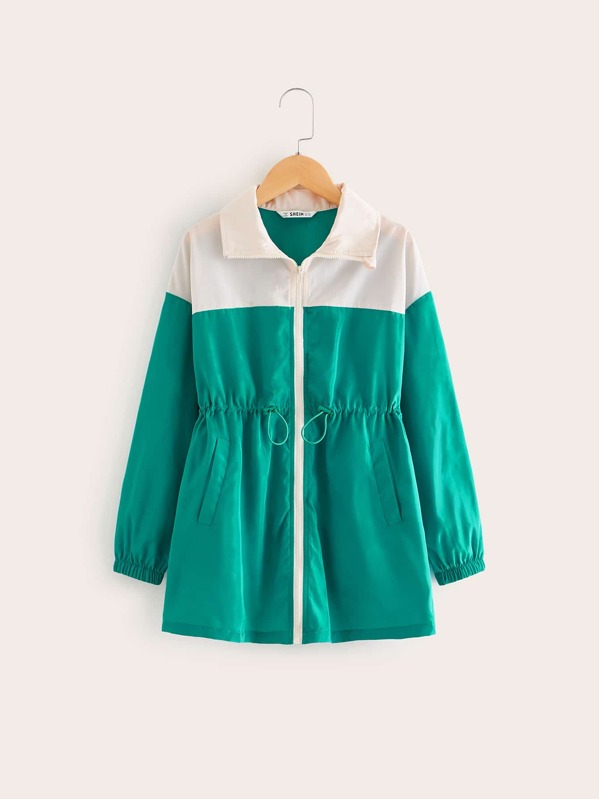 

Girls Contrast Panel Drawstring Windbreaker Jacket, Green