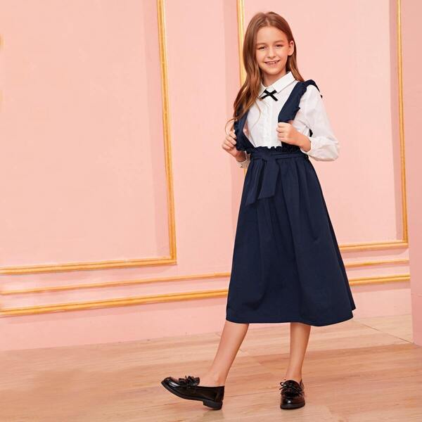

Girls Paperbag Waist Skirt With Ruffle Strap, Navy