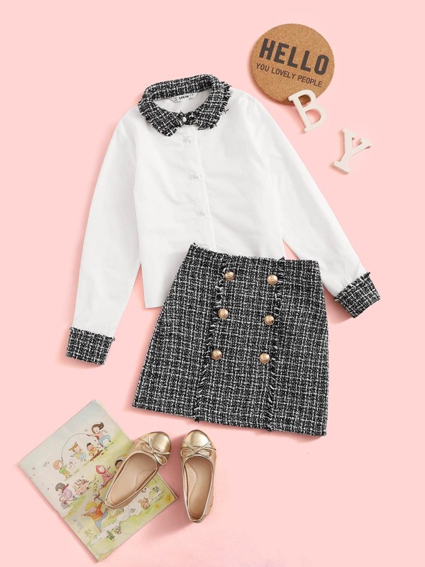 

Girls Contrast Collar Blouse & Tweed Skirt Set, Black and white