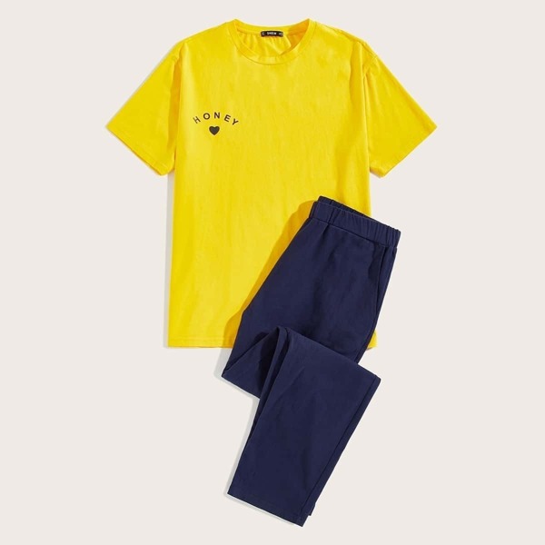 

Men Letter & Heart Print Tee And Pants PJ Set, Multicolor bright