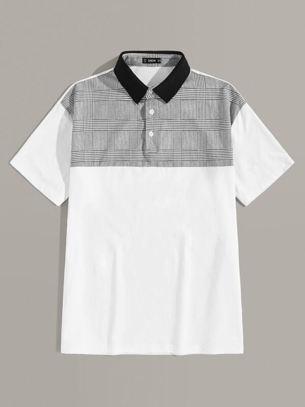 

Men Plaid Insert Contrast Collar Polo Shirt, White