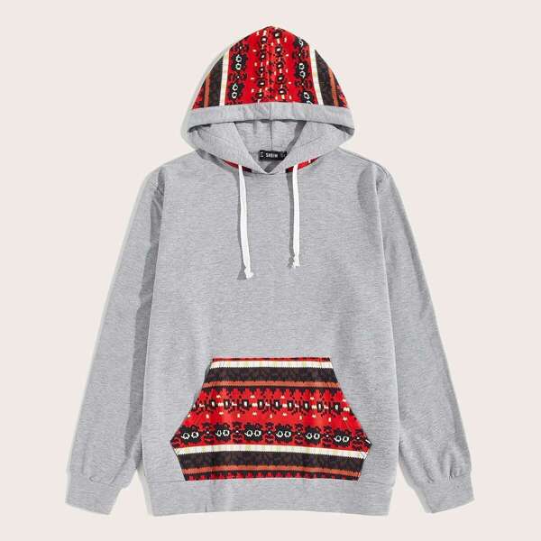

Men Tribal Print Patch Pocket Drawstring Hoodie, Grey