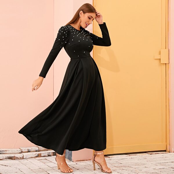 

Puff Sleeve Pearls Beaded Dress, Black