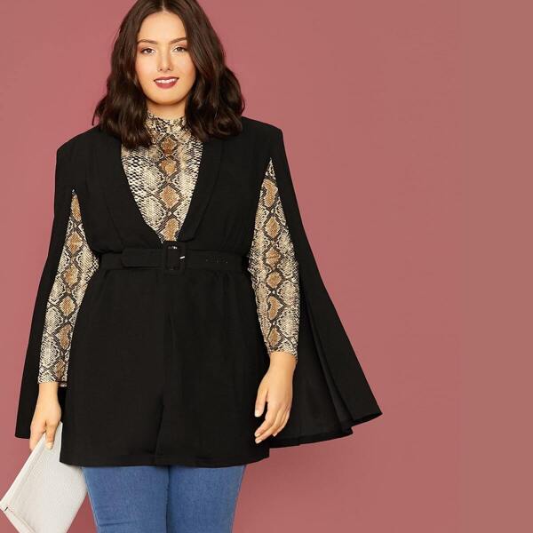 

Plus Shawl Collar Belted Cape Blazer Without Tee, Black