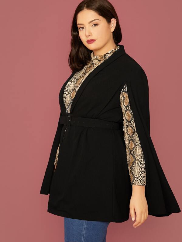 

Plus Shawl Collar Belted Cape Blazer Without Tee, Black, Marcelle Pallais