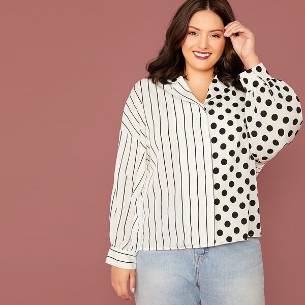 

Plus Drop Shoulder Striped & Polka Dot Print Blouse, Black and white