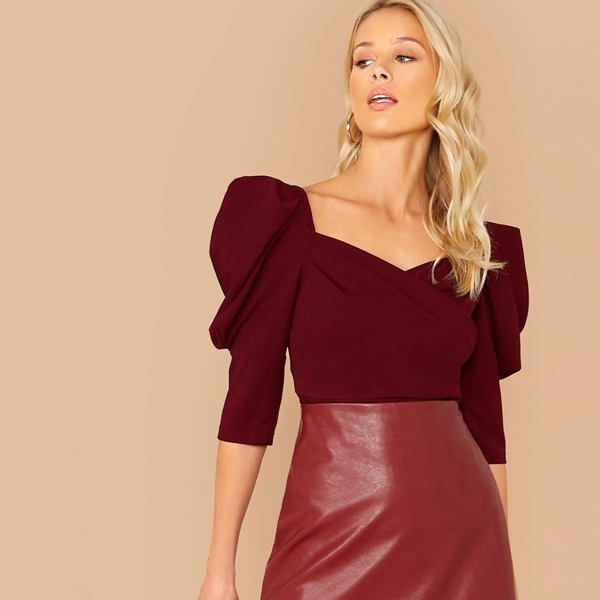 

Solid Sweetheart Neck Puff Sleeve Top, Burgundy