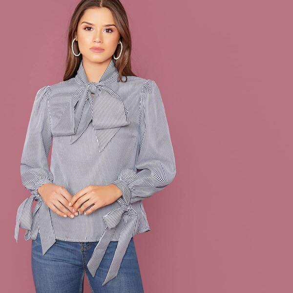 

Striped Tie Neck Knotted Cuff Blouse, Blue