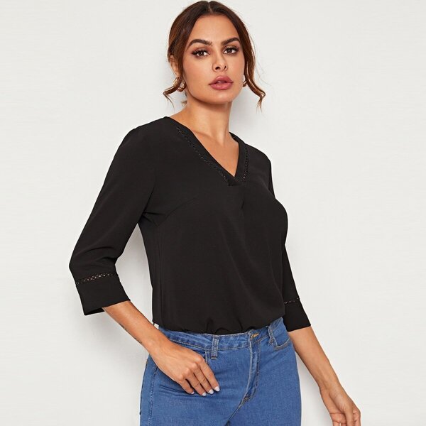 

V-neck Lace Insert Blouse, Black