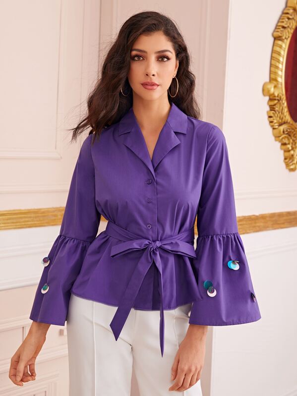 

Contrast Sequin Flounce Sleeve Belted Blouse, Purple, Taina