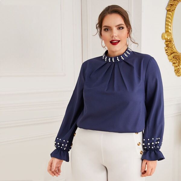 

Plus Gathered Neck Pearls Beaded Blouse, Navy