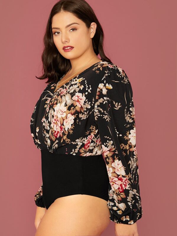 

Plus Surplice Neck Lantern Sleeve Floral Print Bodysuit, Black, Marcelle Pallais