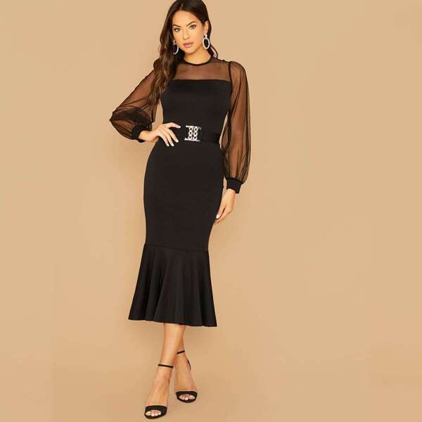 Mesh Sheer Yoke Fishtail Hem Belted Dress, Black