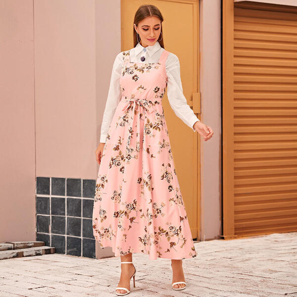 

Zipper Back Floral Print Belted Pinafore Dress, Pink pastel