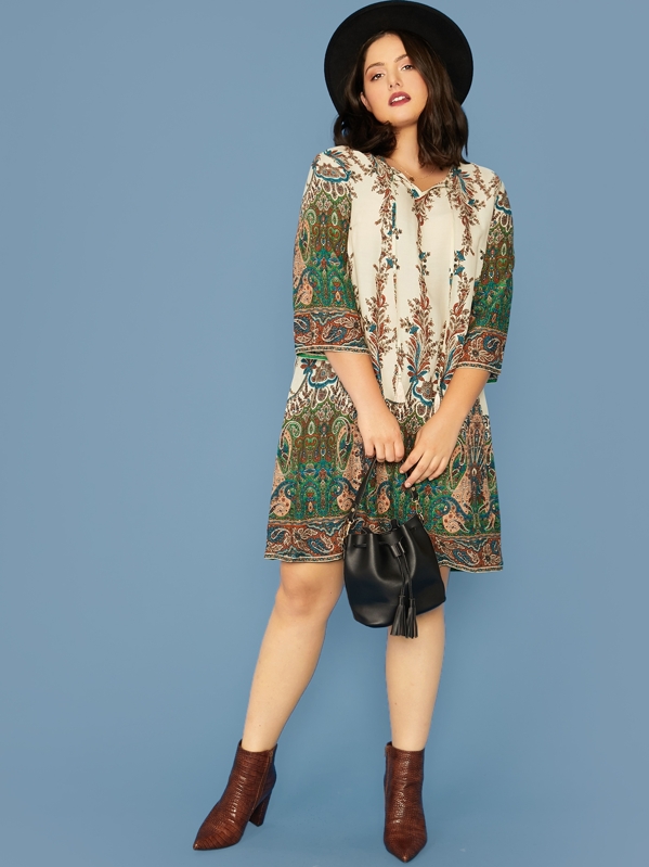 

Plus Tie Neck Tribal Print Dress, Multicolor, Marcelle Pallais