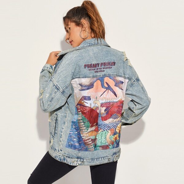 

Cartoon Print Ripped Denim Jacket, Blue