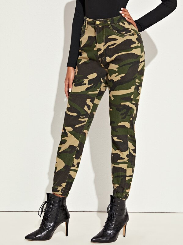 

Camo Print High Waist Elatic Hem Jeans, Multicolor, Giulia