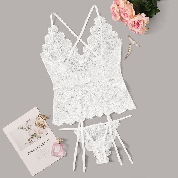 

Floral Lace Crisscross Back Garter Lingerie Set