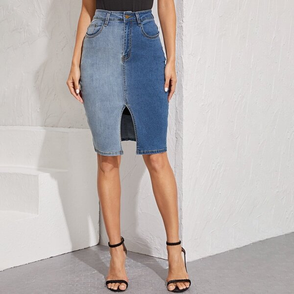 

Two Tone Split Front Bodycon Denim Skirt