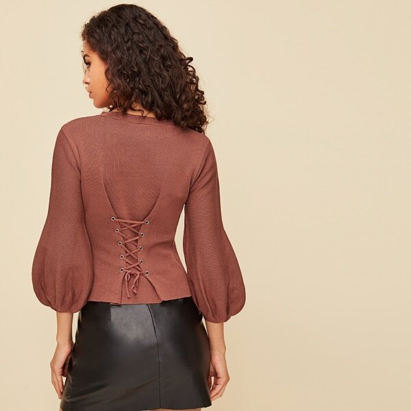 

Grommet Lace Up Back Balloon Sleeve Sweater, Brown