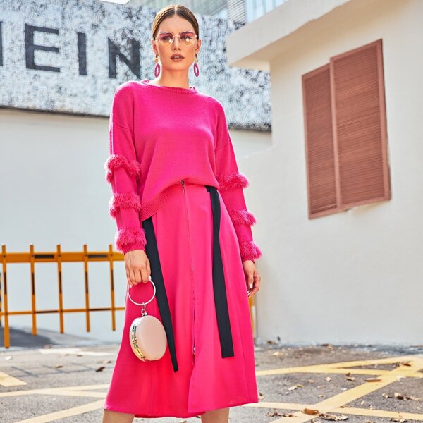 

Neon Pink Drop Shoulder Faux Fur Detail Sweater, Pink bright