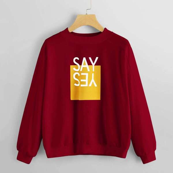 

Slogan Print Raglan Sleeve Pullover, Burgundy