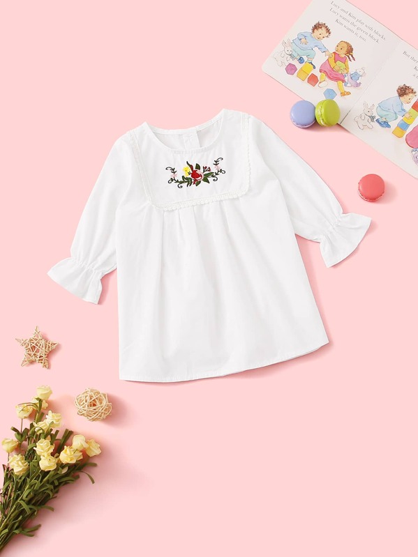 

Baby Girl Floral Embroidery Flounce Sleeve Babydoll Dress, White