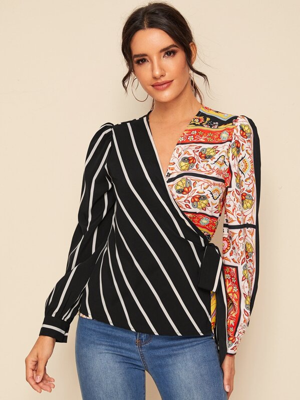 

Tribal And Stripe Print Spliced Wrap Blouse, Multicolor, Juliana