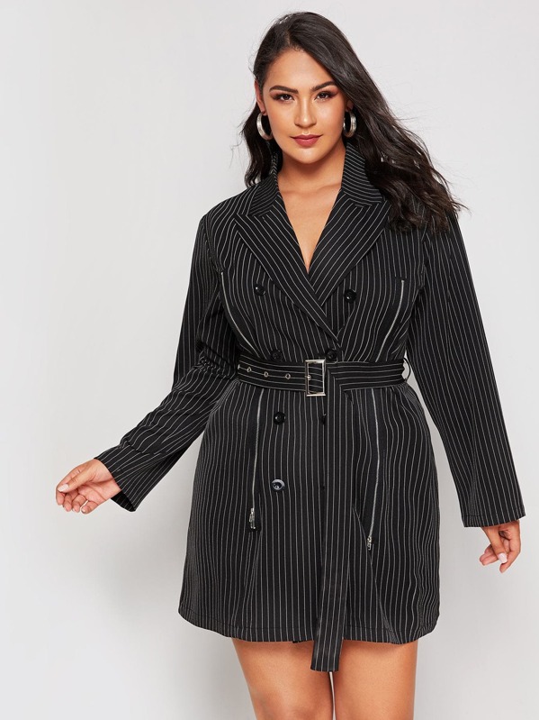 

Plus Striped Buckle Belted Blazer Dress, Black, Ruiz Brianna