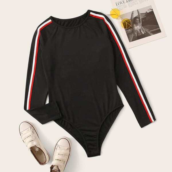 

Contrast Tape Long Sleeve Tee Bodysuit, Black