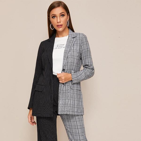 

Two Tone Striped & Plaid Print Blazer, Multicolor