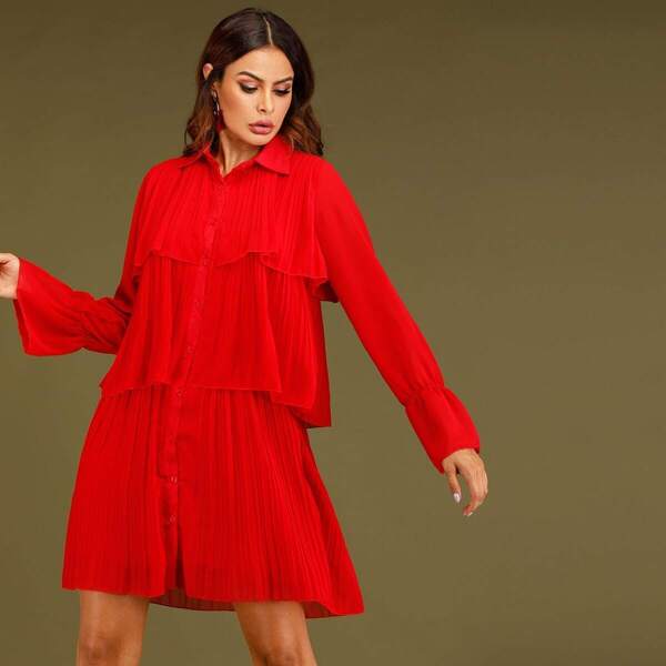 

Layered Pleated Flounce Sleeve Shirt Dress, Red bright