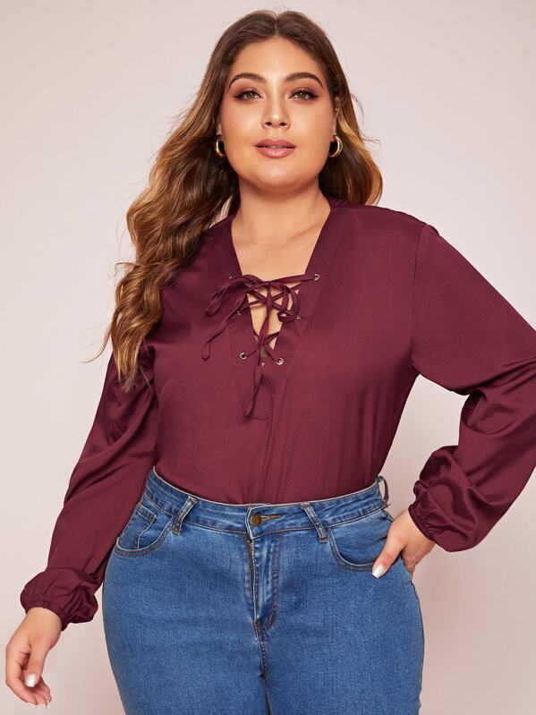 

Plus Lace Up Front Bishop Sleeve Blouse, Burgundy, Carol