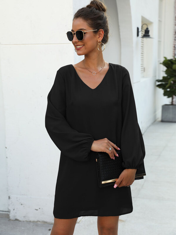 

Solid V-neck Tunic Dress, Black