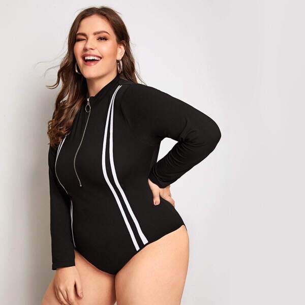 

Plus Contrast Tape O-Ring Zip Fitted Bodysuit, Black
