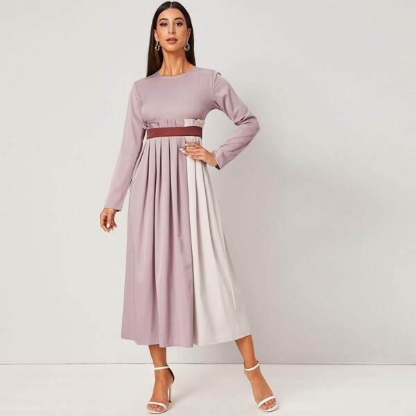 

Colorblock Pleated Waist Zip Back Dress, Multicolor