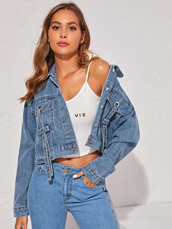 

Button Front Denim Jacket With Grommet Detail Strap, Blue, Giulia