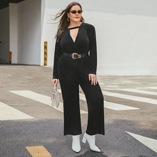 

Plus Velvet Choker Neck Jumpsuit Without Belt, Black