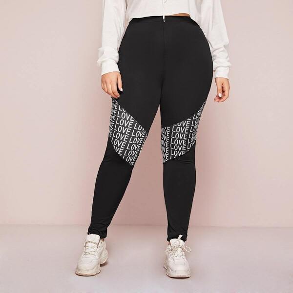 

Plus Letter Print Skinny Leggings, Black